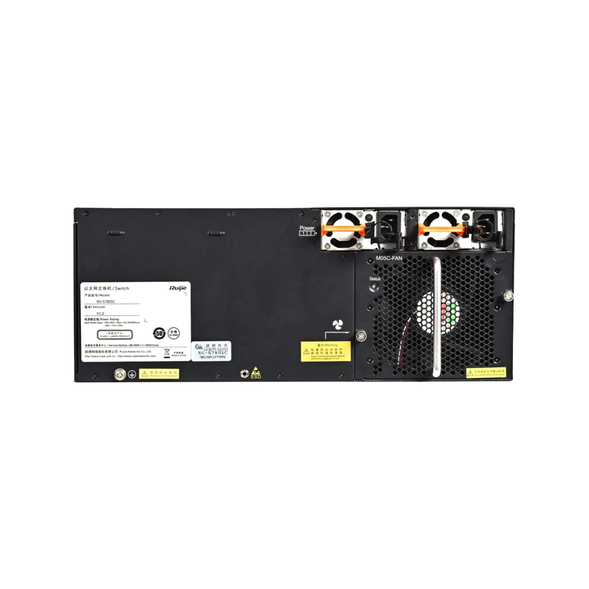 Mặt sau Ruijie RG-S7805C với 2 khe module nguồn