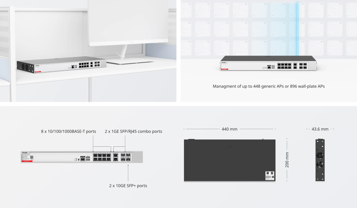 RG-WS6012-L: 8 cổng Gigabit, 2 cổng combo SFP/RJ45, 2 cổng 10G SFP+, kích thước 440 × 200 × 43.6mm