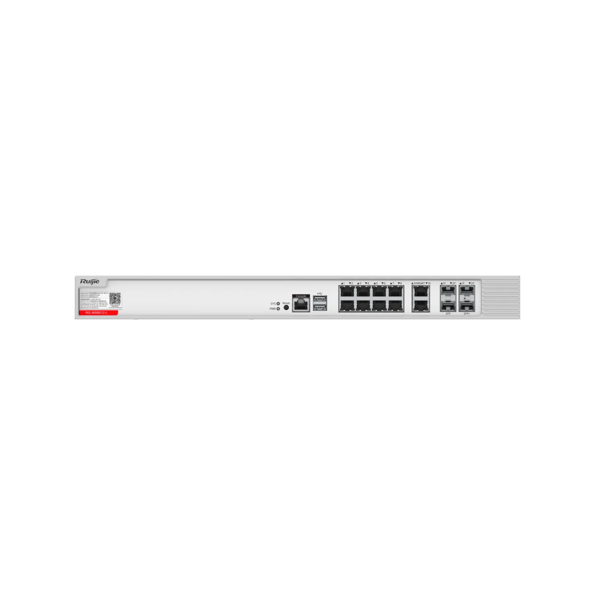 Mặt trước RG-WS6012-L: cổng Gigabit, combo SFP/RJ45, SFP+ 10G, console, USB