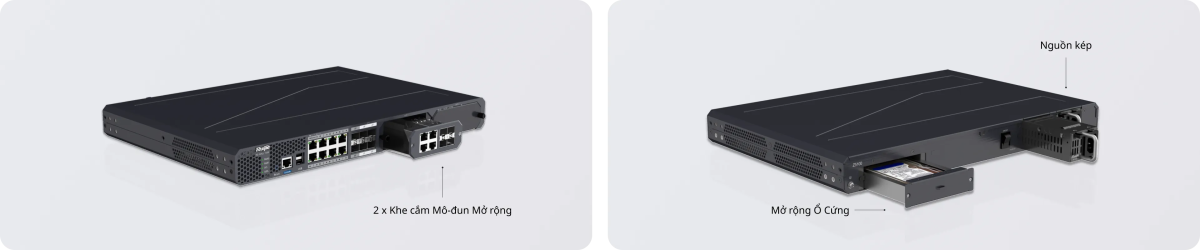 RG-WALL 1600-Z5100-S: mặt trước và mặt sau, 2 khe nguồn, khe mở rộng ổ cứng