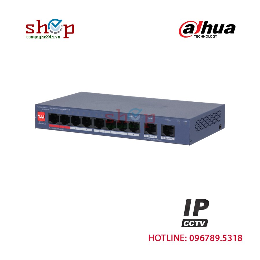 Switch PoE Dahua DH-CS4010-8ET2GT-110 10 cổng (8 PoE) uplink Gigabit 110W quản lý Cloud